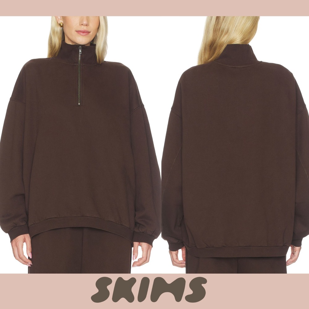 NWT‎ SKIMS [ Large ] Boyfriend Fleece Slouchy Half Zip Pullover Espresso S2124